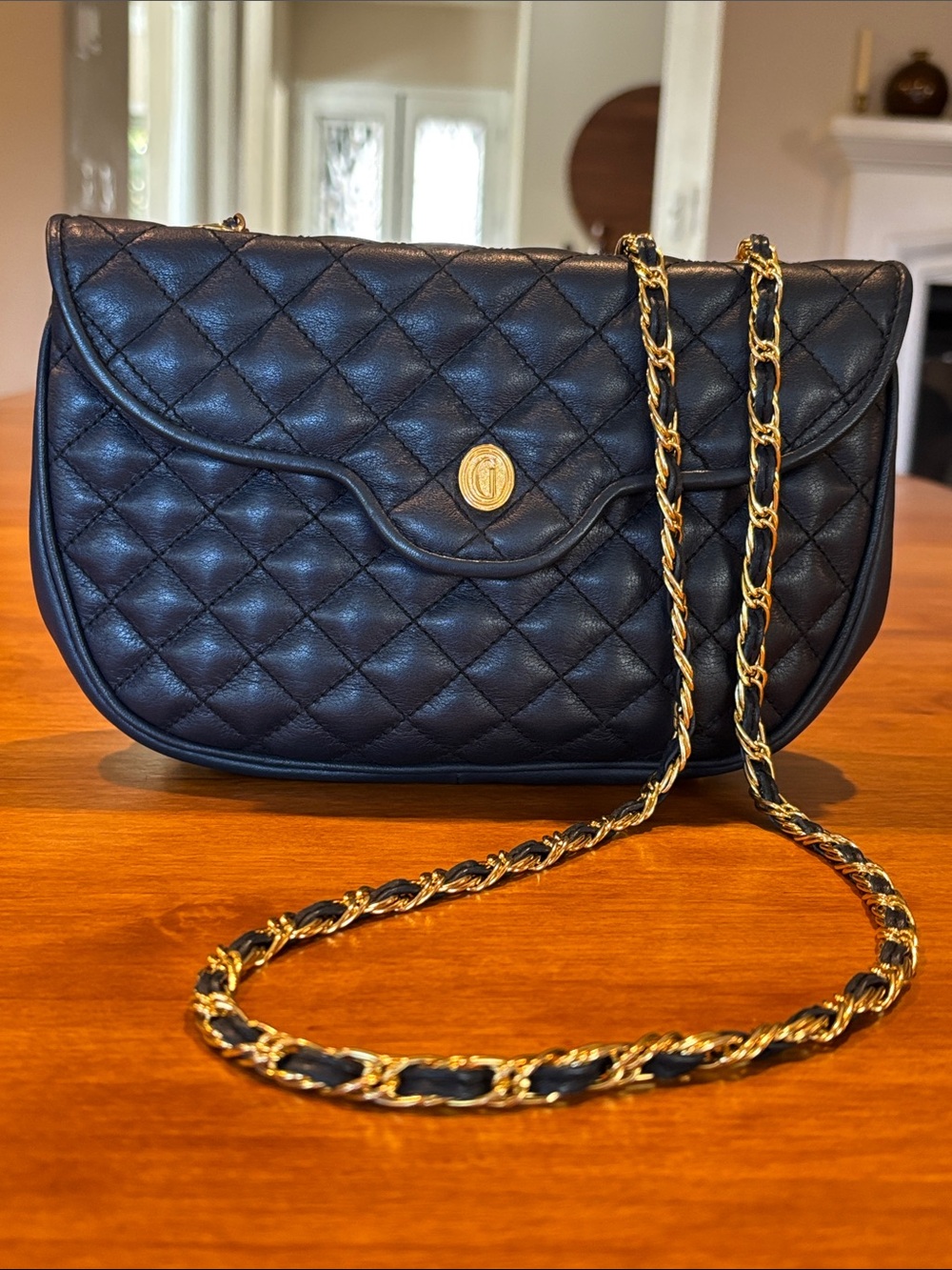 GANSON DARK NAVY QUILTED FLAP CROSSBODY BAG VINTAGE CHANEL VIBES GOLD HARDWARE💛